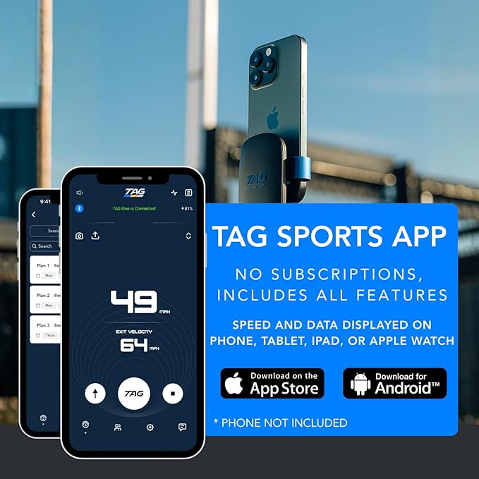 TAG ONE Sports Radar with 6 Hour Rechargeable Battery - Baseball, Softball & Golf Speed Radar Gun - Accurate Speed Tracker, Portable Pitch & Hit Training Tool, App Integration with AI Smart Coaching