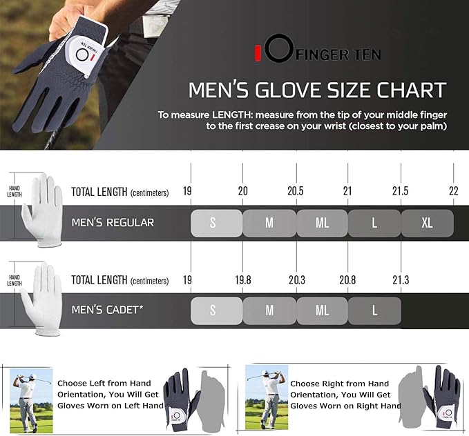 FINGER TEN Men's Golf Gloves for Right Left Handed Golfer Rain Grip Value 2 Pack, Golf Glove for Left or Right Hand Hot Wet Weather No Sweat Black Gray White Blue
