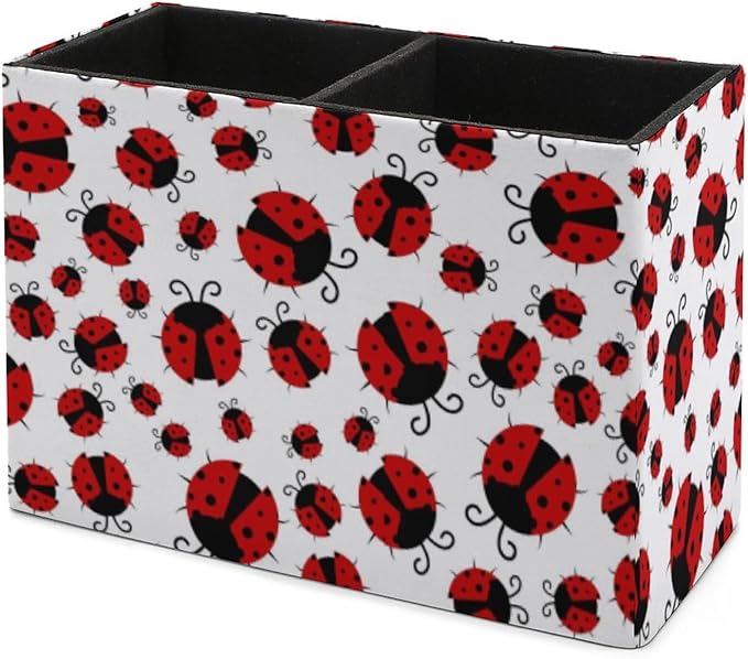 Pen Holder, Pencil Holder for Desk Organizer, Summer Red Ladybugs PU Leather Pencil Cups Desktop Stationery Storage Makeup Brush Holder Pen Organizer for Office Home