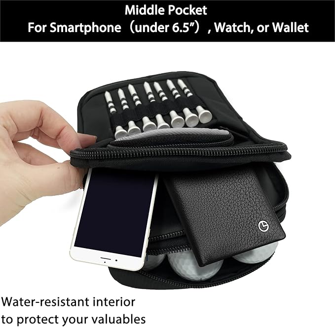 Golf Bag Pouch for Balls and Accessories | 3 Zipper Pockets | Detachable Clip | Store Up to 15 Balls | Front Tee Holder and 10 Bamboo Tees 3 1/4 in