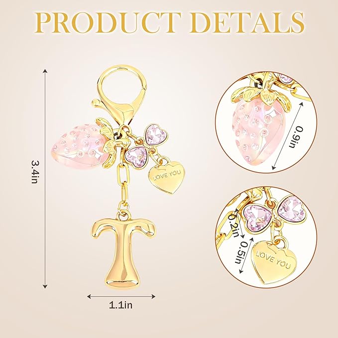 Snycler Bubble Initial Keychain with Strawberry & Bow- Gold Letter Bag Charms for Women, Cute Purse Handbag Accessories