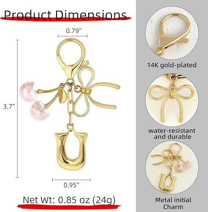 Gold Bubble Heart, Cherry, Bow & More Designs Letter Initial Keychain Bag Charms – Cute Purse Charms for Handbags