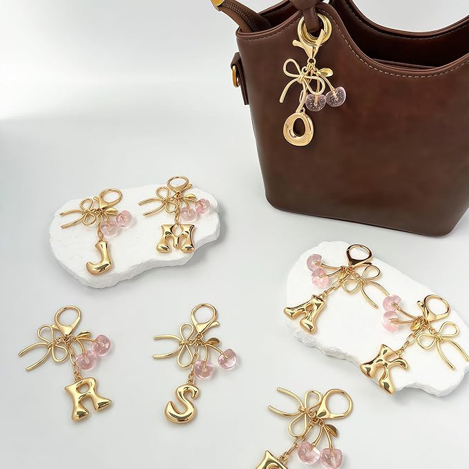 Gold Bubble Heart, Cherry, Bow & More Designs Letter Initial Keychain Bag Charms – Cute Purse Charms for Handbags