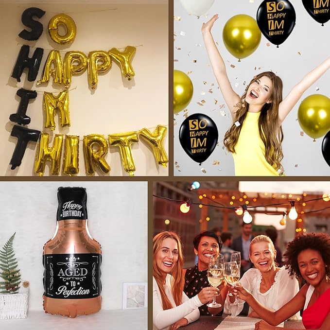 30th Birthday Decorations for Him, Thirty Birthday Decorations in Black and God So Happy IM Thirty Balloons Set for Party