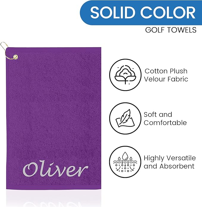 Personalized Passion Golf Towel with Embroidered Name - 16"x26" Custom Golf Towels with Clip - Soft & Highly Absorbent Plush Velour - Easily Wipes Away Sweat and Dirt - Gift for Golfers - Puple