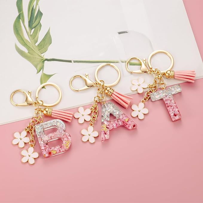 SELOVO Girls Pink Flower Chain Cute Keychain Initial Keychain Key Chain for Women