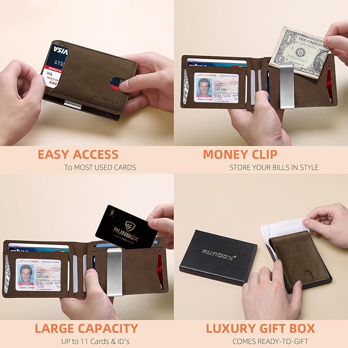 RUNBOX Money Clip Wallets for Men,Slim Leather Mens Bifold Wallet,RFID Blocking Front Pocket Wallet,Thin Credit Card Holder with Gift Box