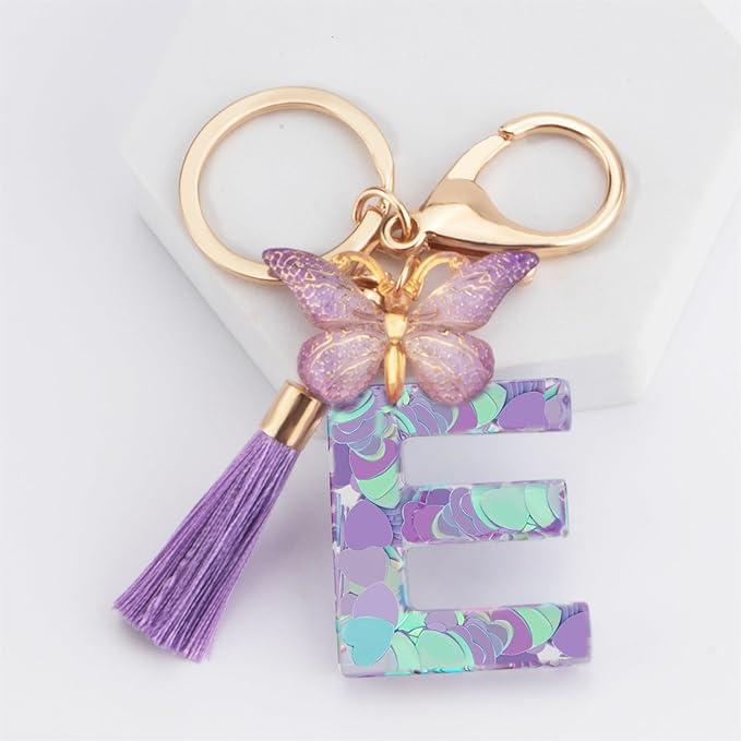 Suweibuke Colourful Cute Initial Letter Keychains for Women Girls with Tassel Butterfly, Charm for Purse Handbags Backpacks