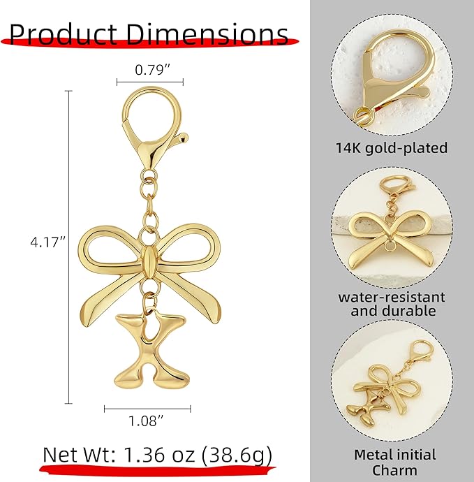 Gold Bubble Heart, Cherry, Bow & More Designs Letter Initial Keychain Bag Charms – Cute Purse Charms for Handbags