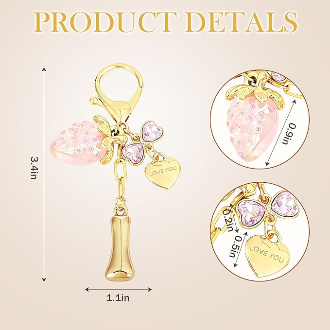 Snycler Bubble Initial Keychain with Strawberry & Bow- Gold Letter Bag Charms for Women, Cute Purse Handbag Accessories