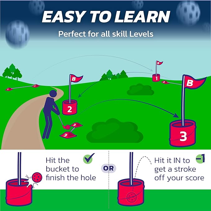 bucketgolf Game 6 Hole Bundle with Clubs - The Best Backyard Golf Game for All Ages and Levels Adults, Kids, Families, Schools, Yards, Parks, Beaches, Vacation. (2 Clubs (2 RH))
