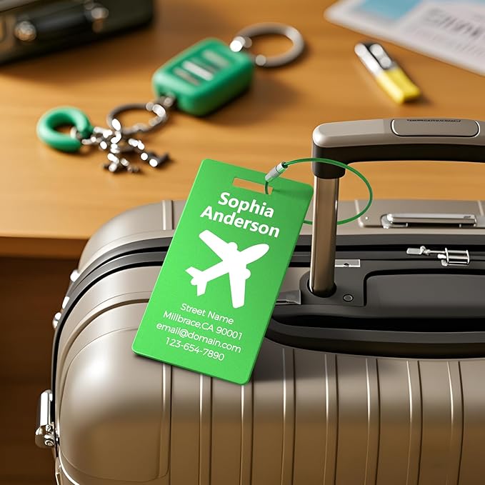 4 Pack Personalized Luggage Tags, Custom Engraved Aluminum Luggage Tags with Your Personalized Text, Waterproof Metal Name Tags with Steel Loop for Bags, Suitcase, Baggage, Backpack (Green, Large)