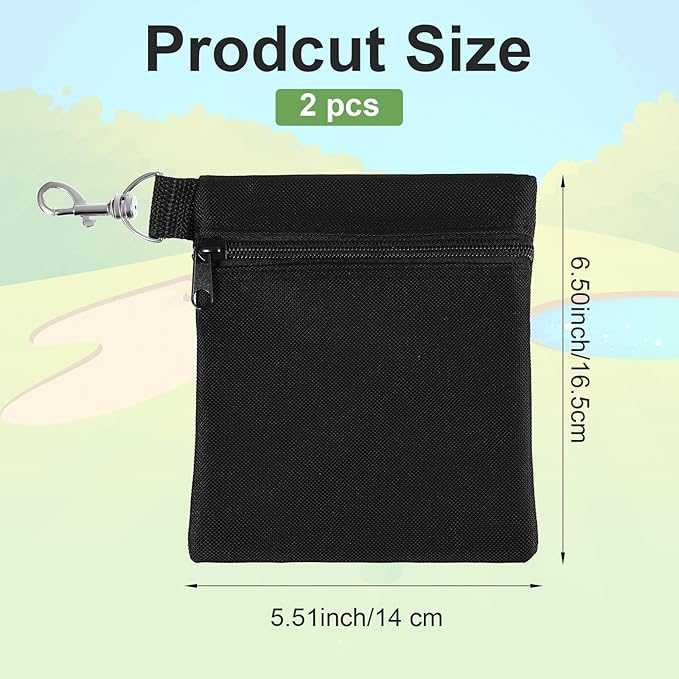 Golf Tee Bags, 2pcs 6.50×5.51 Inches Zipper Golf Ball Bag with Metal Lobster Claw Clip, Bag Accessories for Men Women, Small Zipper Pouch for Valuables & Golfs Accessories