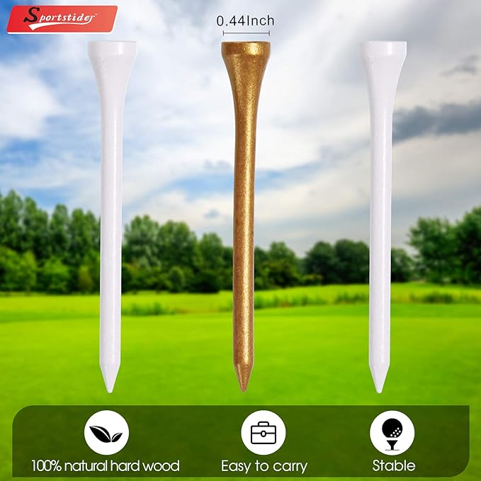 Golf Tees, 3 1/4Inch, 77 Count,Professional Deluxe Wooden Golf Tee, More Than 20 Colors Combination, Natural Hard Wood Golf Tee