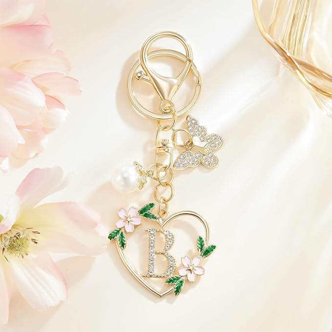 Gold Heart Initial Letter Keychain for Women Key chain Keyring for Purse Handbags Backpack Charm