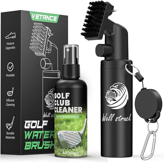 Pro Golf Club Cleaner - 4oz Water Bottle with Groove Cleaner and Retainer Clip, Durable Nylon Bristles for Easy Cleaning, Ergonomic Button Design, Golf Gifts for Men & Essential Accessories
