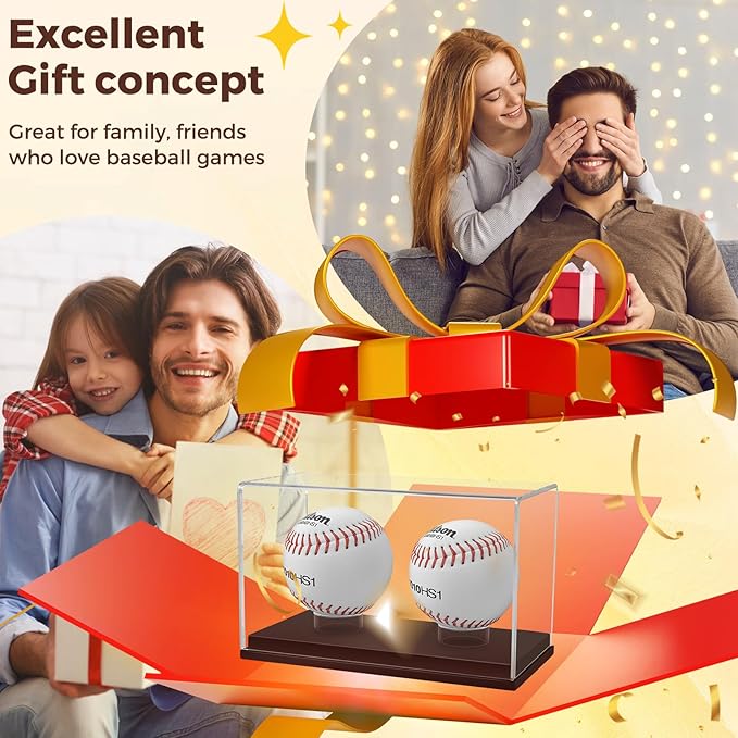 Baseball Display Case, UV Protected Clear Acrylic Cube Golf Ball Display Holder, Autograph Stand and Memorabilia Showcase Box for Two Ball, Brown Wooden Base