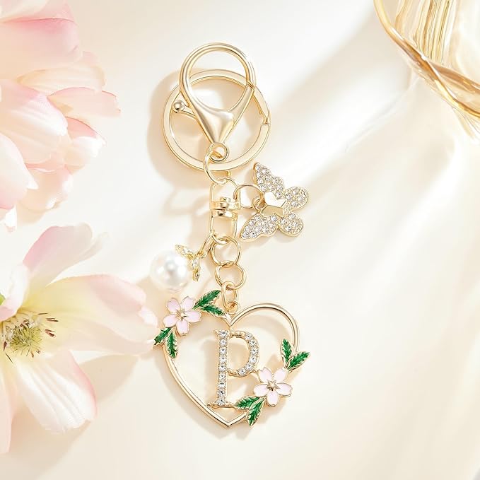 Gold Heart Initial Letter Keychain for Women Key chain Keyring for Purse Handbags Backpack Charm