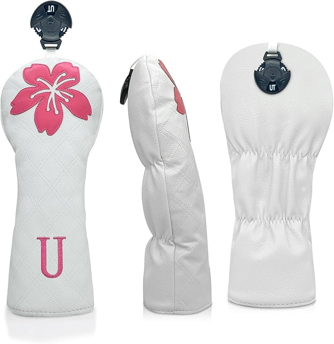 Grid Cherry Blossom Design Golf Covers PU Headcovers Set Fits Driver Fairway Wood Hybrid Utility Woods Iron Wedge Headcover, Premium Leather Golf Headcovers