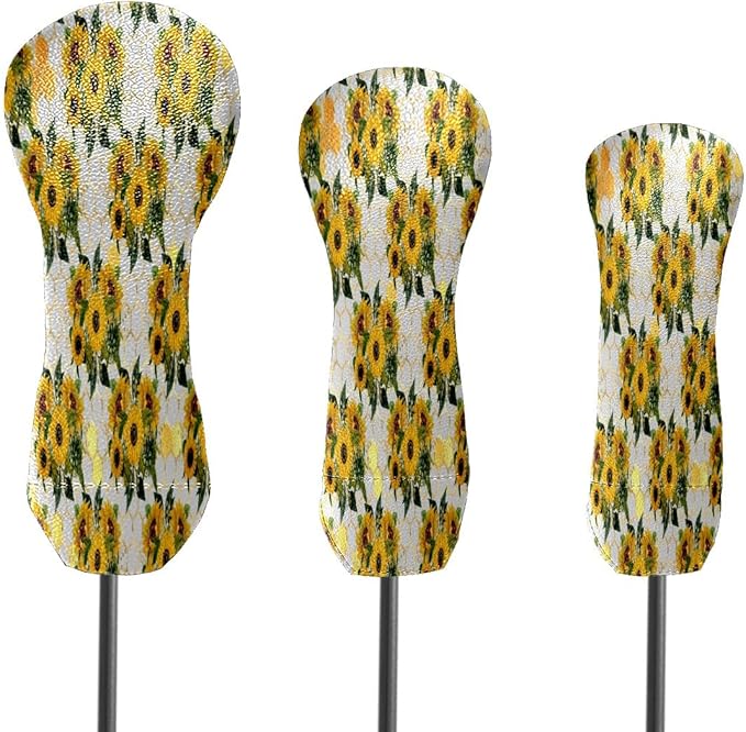 Golf Club Head Cover Waterproof Leather for Driver & Fairway Wood, Driver Headcovers, Golf Accessories for Men Women, Anti-Scratch, Golf Gift for Golfers, 1/3/5 Wood Cover Yellow Sunflowers Bee