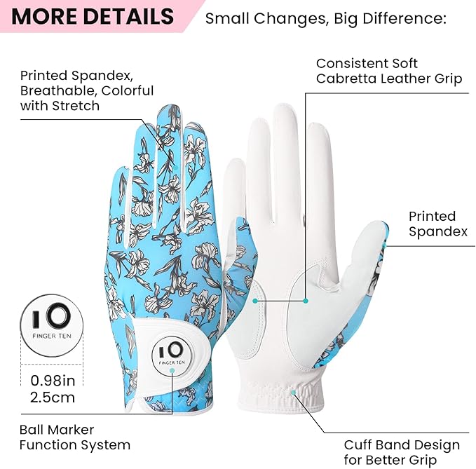 FINGER TEN Stylish Golf Gloves Women with Ball Marker 1 Pack for Left or Right Hand, Breathable Glove with Fashion Patterns for Ladies Right Left Handed Golfer
