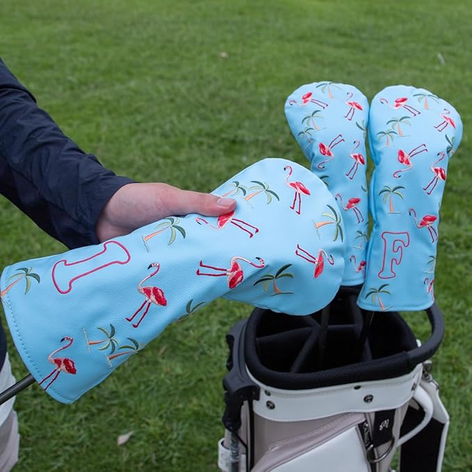 Golf Club Head Covers Golf Driver Fairway Hybrid Head Cover Flamingo Design Premium Leather Waterproof Driver Fairway(FW) Wood Hybrid(UT) with Number Tags 3 Wood Headcover