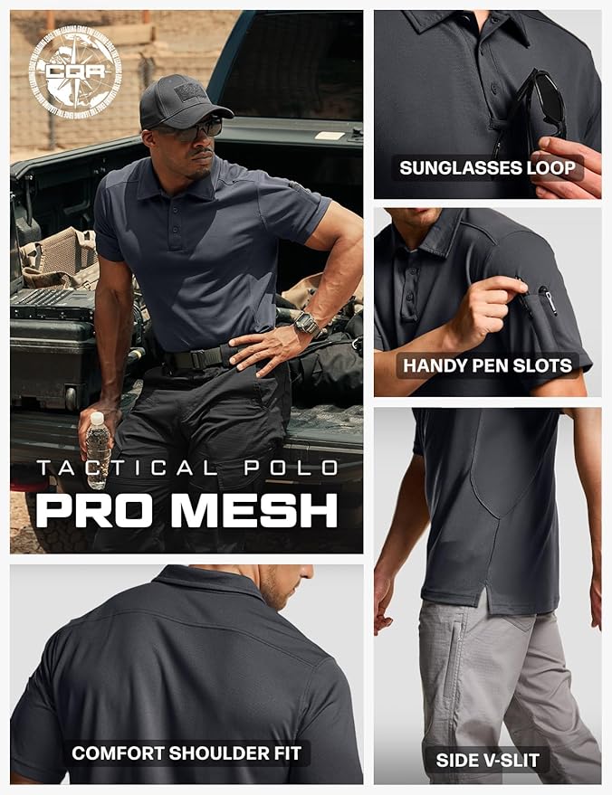 CQR Men's Polo Shirts, Tactical Short Sleeve Golf Performance Shirts, Lightweight Dry Fit UPF 50+ Pique