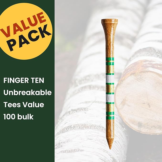 FINGER TEN Golf Tees Wood for Men Wooden Tee 1 1/2 2 3/4 3 1/4 Inch Western Birch Value 100 Pack, Reduce Friction Spin Tall Sturdy Base for Stability Long-Lasting Durability