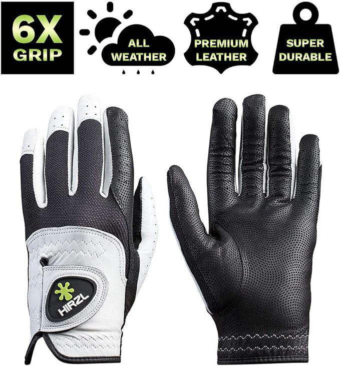 HIRZL Trust Control 2.0 Golf Gloves, All Weather Mens Golf Glove, White/Black, Kangaroo Leather Palm, Cabretta Leather Backhand, Trusted by Pro’s, Sweat Free, Ultimate Grip