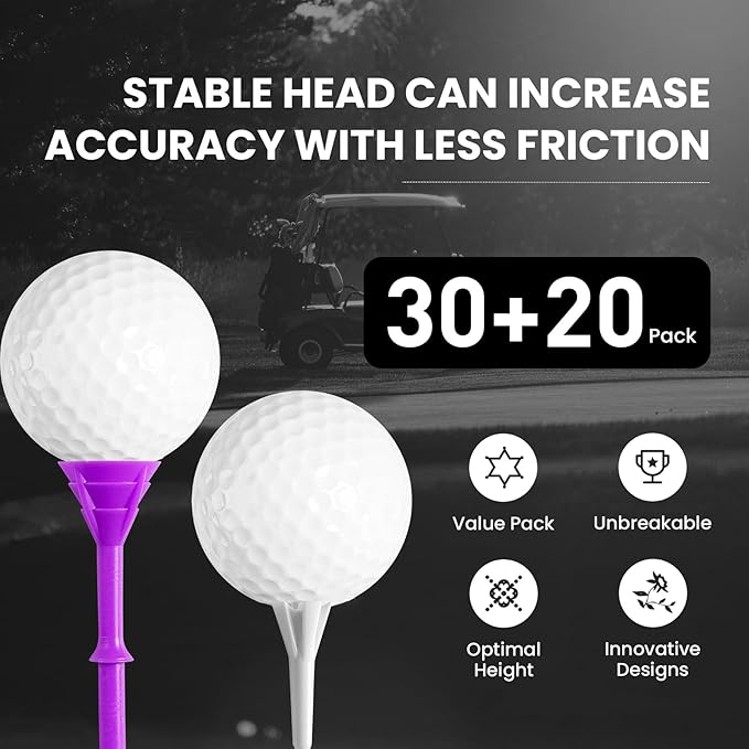 FINGER TEN Golf Tees Plastic Unbreakable 30 Tees 3 1/4 Inch and 20 More Short Tees 1 1/2 Inch with Black Golf Tee Bag, Easy to Find Value Gift Set