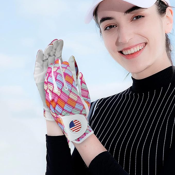 Amy Sport Womens Golf Glove with Ball Marker Rain Left Right Hand Leather Printed Pack, Ladies Golf Gloves All Weather Grip Breathable Soft Size Small Medium Large XL