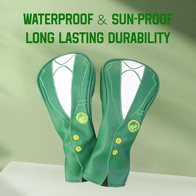 Green Jacket Golf Club Covers, PU Leather Elastic Neckline Golf Head Covers Soft Thick Lining Rainproof Sunscreen Hybrid Head Cover for 1/3/5/UT Wood Golf Club, Machine Washable
