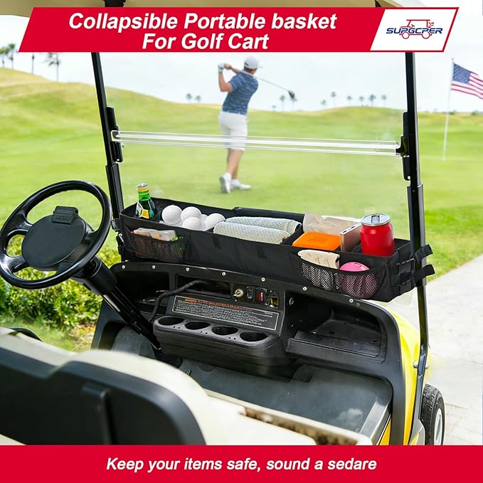 Golf Cart Front Storage Basket, No-Drilling Organizer Tray With Cooling Compartment & Insulated Cup Holders, Universal Storage Tray Fit for EZGO Club Car Yamaha Golf Carts (Black, 1680D Oxford Fabric)