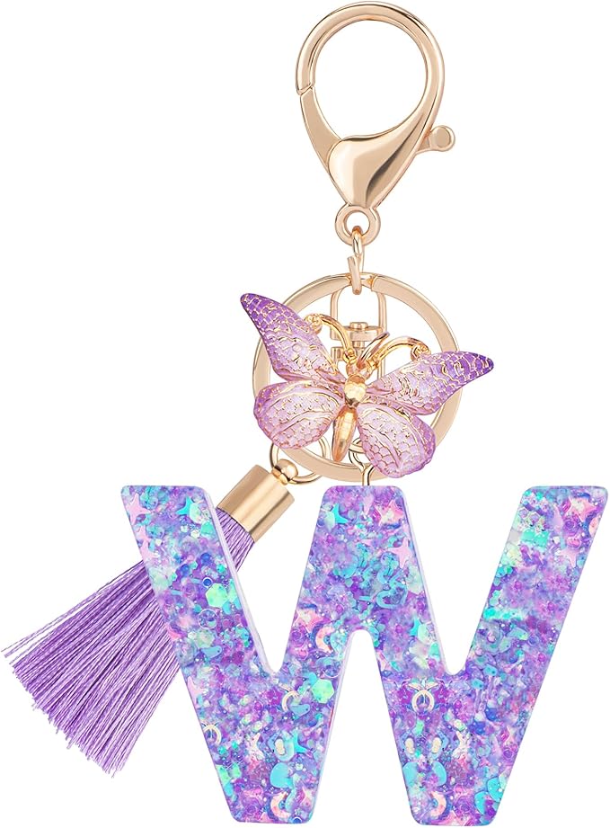 Suweibuke Colourful Cute Initial Letter Keychains for Women Girls with Tassel Butterfly, Charm for Purse Handbags Backpacks