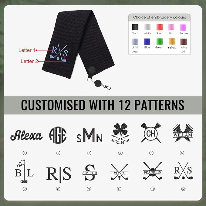 Personalized Golf Towel Custom Golf Towels for Golf Bags with Embroidery Initial Name Magnetic Golf Towel Microfiber Golf Towels with Clip Gifts for Golfers Men Women 16"x 24" (Black)