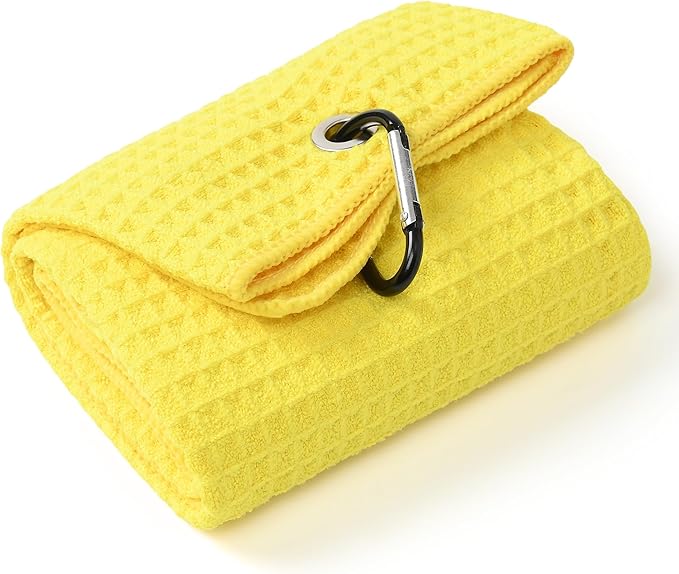 Mile High Life Premium Waffle-Weave Golf Towel | 16" X 24" | Extra Absorbent & Quick-Dry | Ultra-Soft Microfiber | Carabiner Clip | Multi-Color Options | Golf Accessory for Men & Women,Blazing Yellow