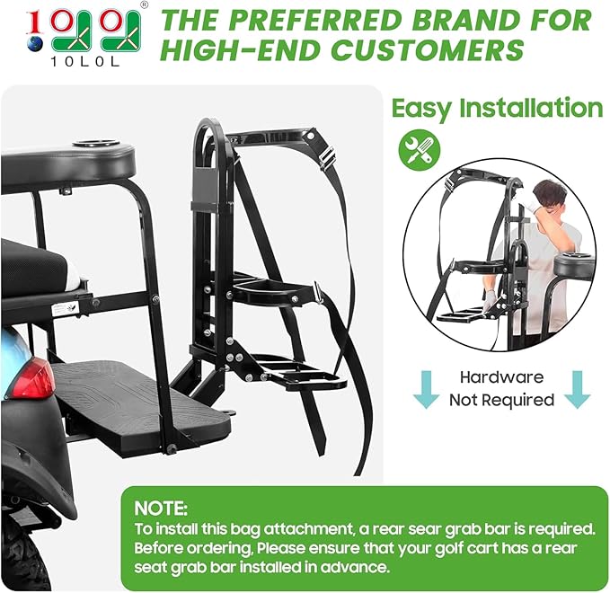 10L0L Universal Golf Cart Bag Holder Rack for Yamaha, EZGO, Club Car Rear Seat Grab Bar, Don't Occupy The Back Seat Space, No Drilling Required, Fits Safety Bar Maximum 8" Wide, Black