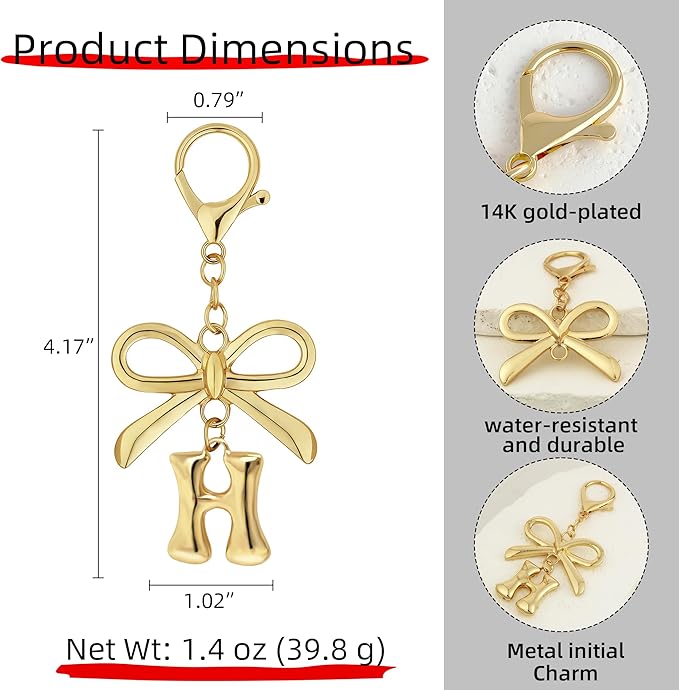 Gold Bubble Heart, Cherry, Bow & More Designs Letter Initial Keychain Bag Charms – Cute Purse Charms for Handbags