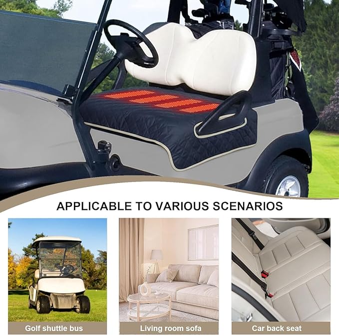 Universal Heated Golf Cart Seat Cover - Waterproof Golf Cart Heater Accessory w/ 4-Zone Warmth, 3 Heat Levels, USB/Type-C & 12V Plug for EZGO/Yamaha/Club Car (Black)