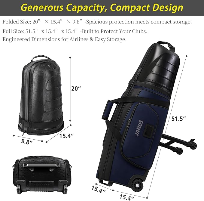 JANUS Golf Travel Bag Hard Case with Support Frame for Hands-Free 360 Spinner Wheels, Travel Bag for Airlines, ABS Hard Shell, Easy to Fold, Hand-Carry Option