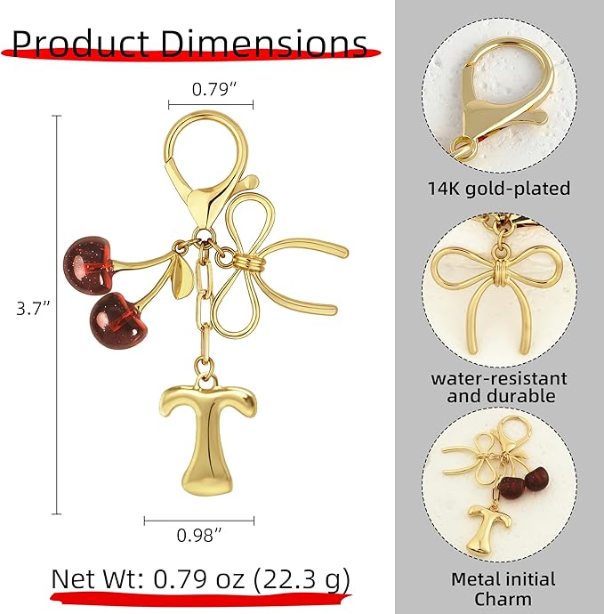 Gold Bubble Heart, Cherry, Bow & More Designs Letter Initial Keychain Bag Charms – Cute Purse Charms for Handbags