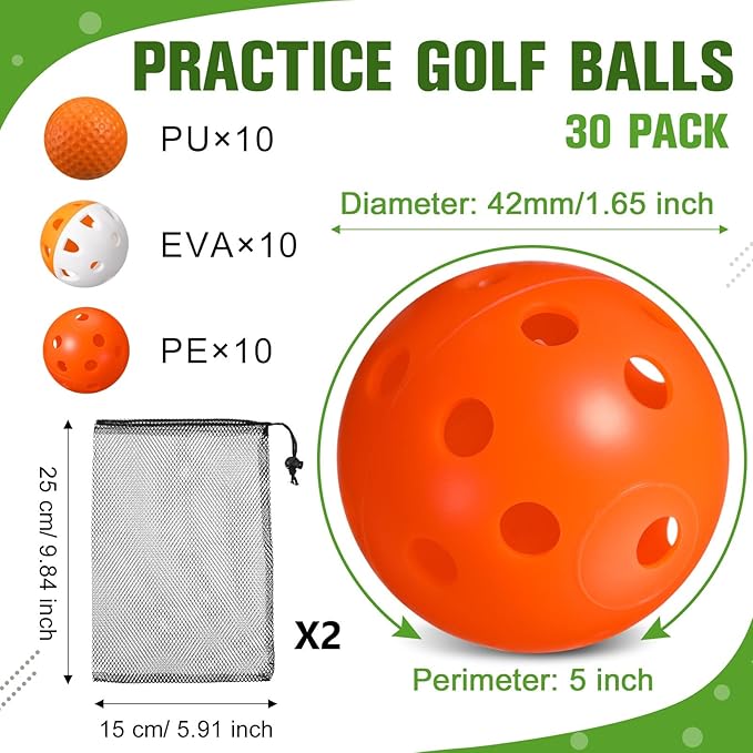30 Pack Practice Golf Balls 42mm Rubber EVA Plastic Golf Training Ball High Visibility for Easy Tracking, Limited Flight, Hollow Airflow for Home Backyard Indoor or Outdoor