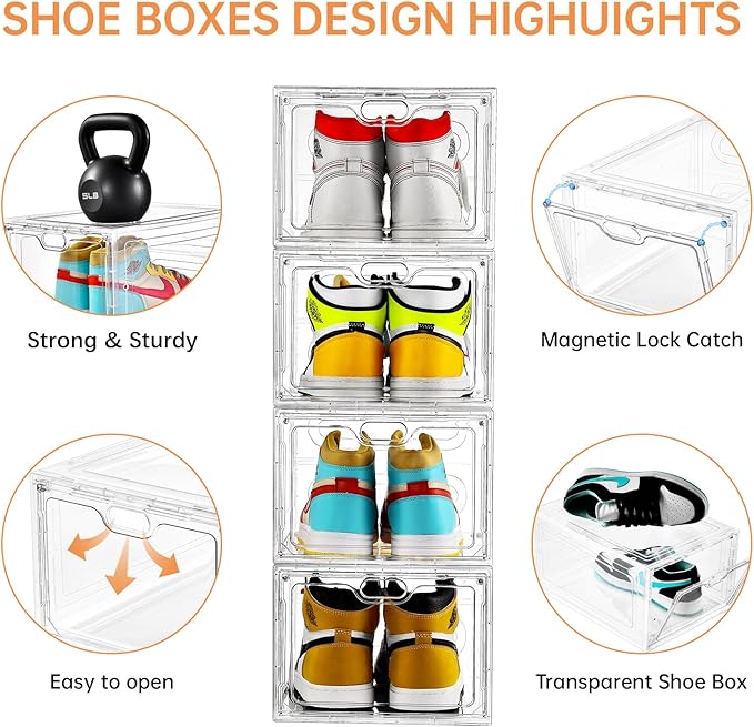 6 Pack Large Shoe Storage Box, Clear Shoe Storage Organizer with Magnetic Door, Stackable,Shoe Containers For Display Sneakers, Easy Assembly, Fit up to US Size 12, Clear