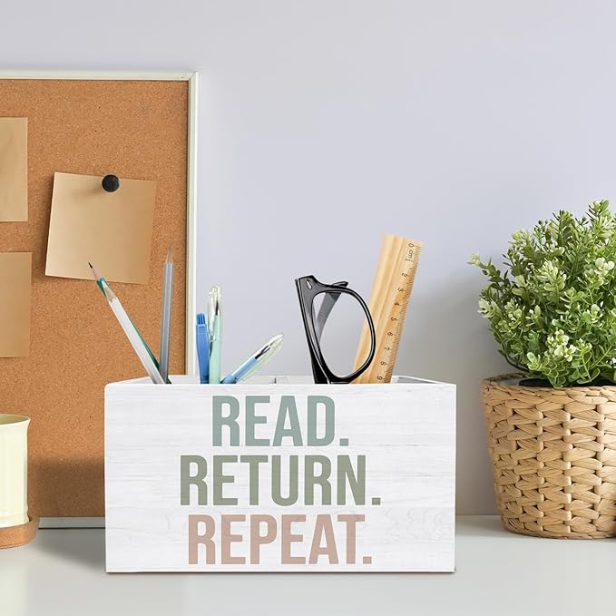 Boho Book Pen Holder for Desk, Book Lover Reader Librarian Gifts Pencil Organizer, Read Return Repeat Wooden Box Sign Desk Decor for Home Library Reading Room Classroom Decoration
