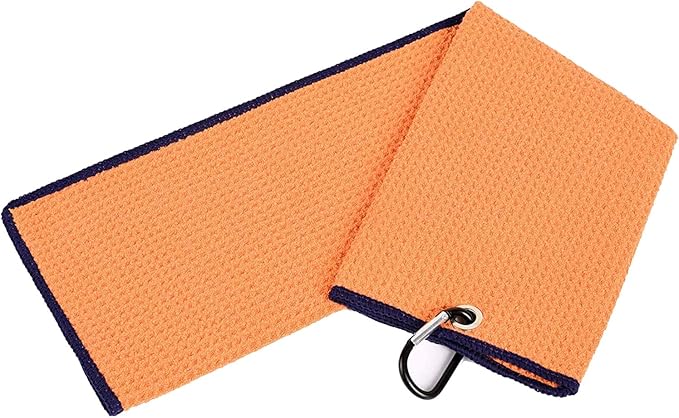 Golf Towels, Microfiber Waffle Pattern Tri-fold Golf Towel - Brush Tool Kit with Club Groove Cleaner, with Clip Men Women Golf Gifts (Orange Towel+Black Brush)