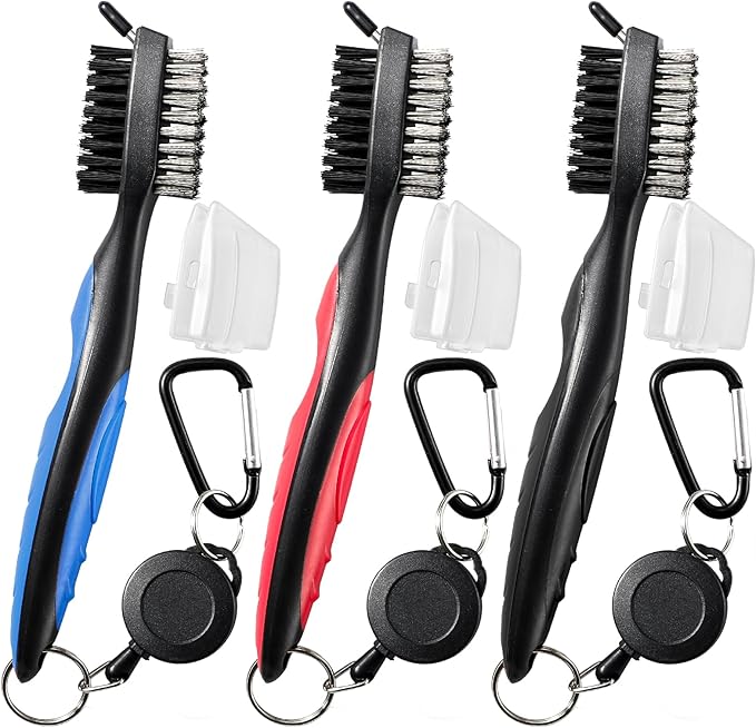Golf Club Brush and Club Groove Cleaner with Retractable Zip-line and Aluminum Carabiner Cleaning Tools
