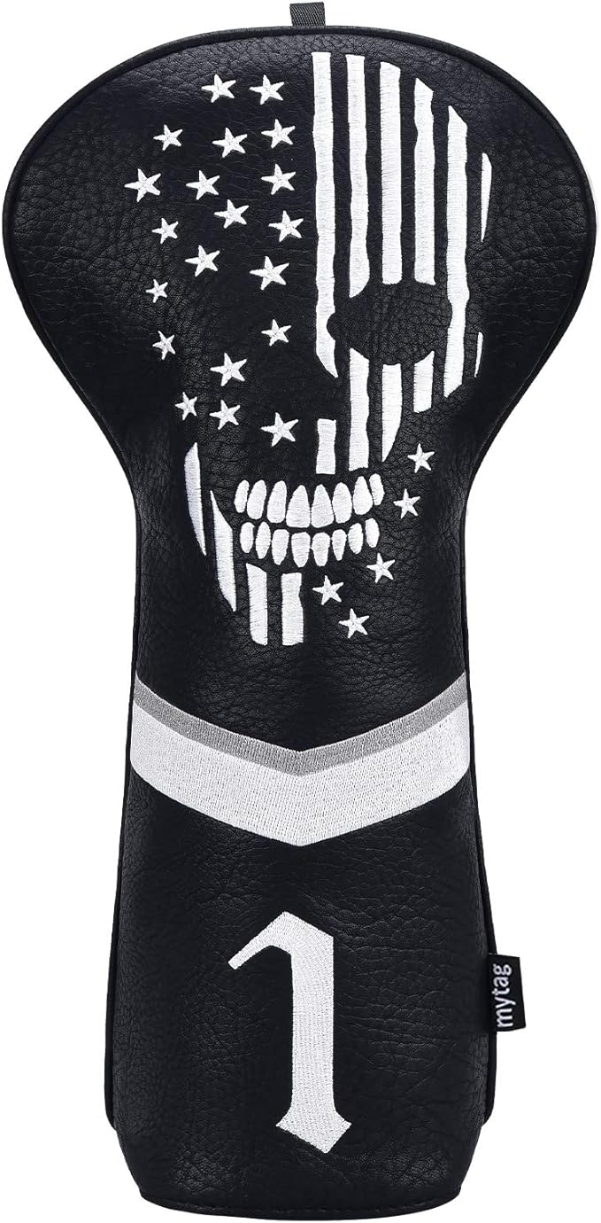 mytag Skull Skeleton Golf Head Covers Black Synthetic Leather Golf Headcovers Set Fits Driver Fairway Wood Hybrid/Utility Putter Iron Wedge Headcover