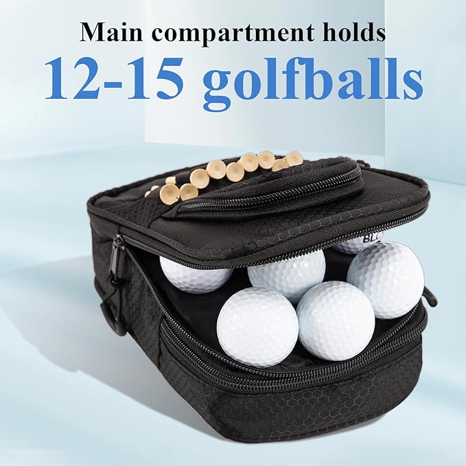 Golf Ball Bag Valuables Pouch,Golf Tee Bag Pouch Accessories with Detachable Carabiner Large Capacity Multiple Compartments can Store 12-15 Balls,Tees,Gloves,Mobile Phone and Keys,Black