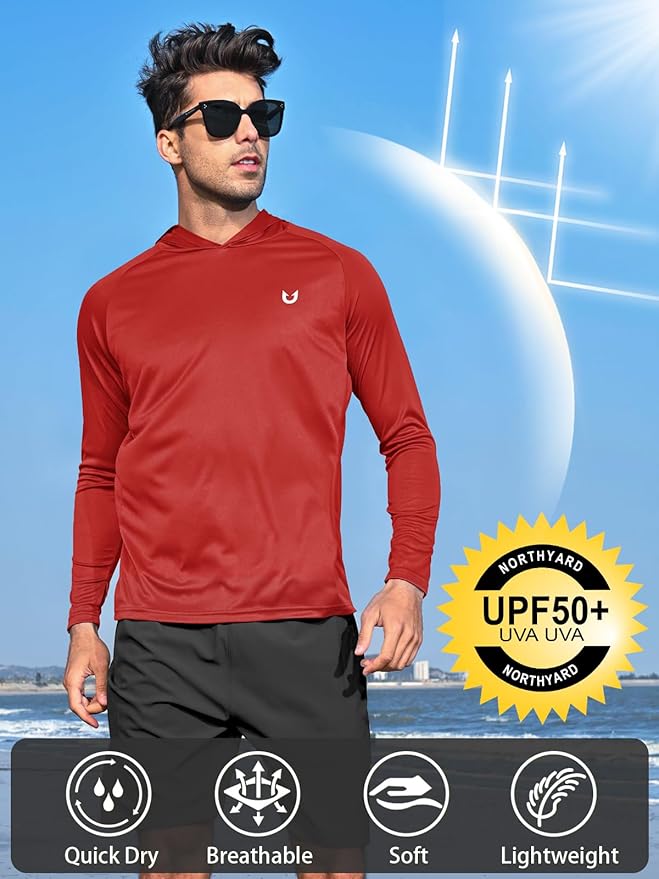 NORTHYARD Men's UPF 50+ Hoodie Shirts Long Sleeve Sun Protection Fishing Swim Beach UV SPF Rash Guard Quick Dry Lightweight