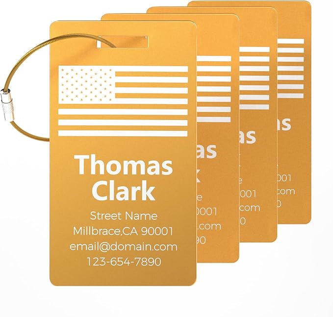 4 Personalized Metal Luggage Tags for Suitcase, Laser Engraved with Text and Logo, Custom Aluminum Name Tags with Stainless Steel Ring, for Travel, Golf Bag, and Baggage (Golden)
